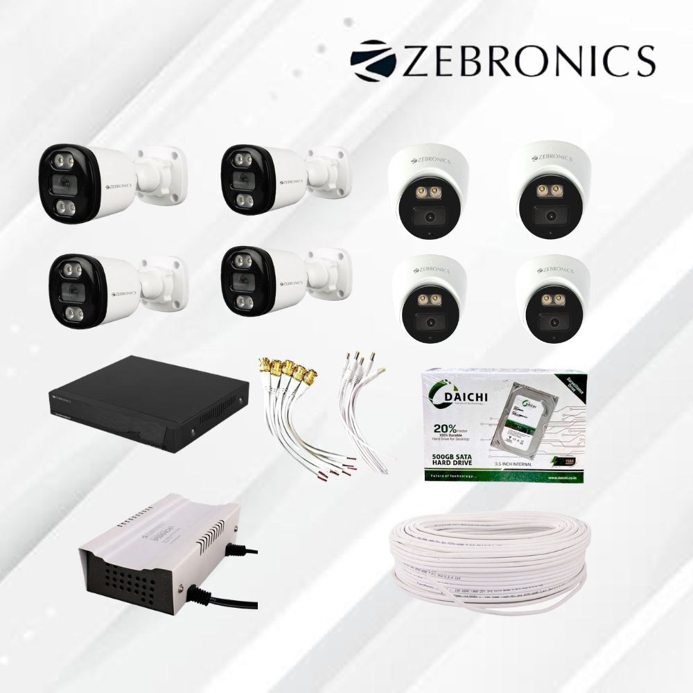 Zebronics 2MP 8 Camera CCTV Combo with 500 GB HDD – 4 Bullet + 4 Dome | 8 Channel DVR | 70m Cable | 8 Channel SMPS & Connector 1 Zebronics 2MP 8 Camera CCTV Combo with 500 GB HDD – 4 Bullet + 4 Dome | 8 Channel DVR | 70m Cable | 8 Channel SMPS & Connector