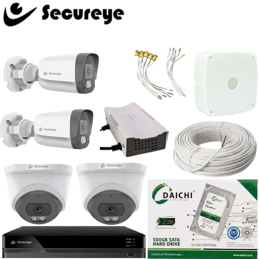 Secureye 2MP CCTV Combo with 2 Bullet Cameras, 2 dom camera , 4CH DVR & 500GB HDD