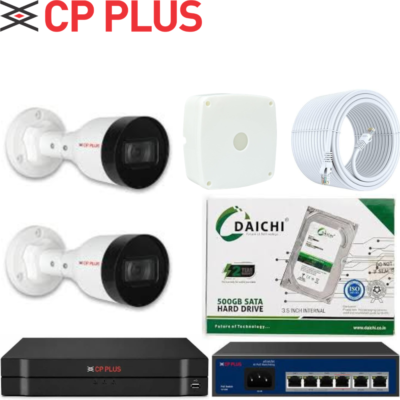 CP PLUS 2MP IP CCTV Camera Combo – 2 pic Bullet , 4CH NVR, PoE Switch & 500GB HDD