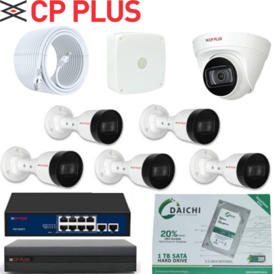 CP PLUS 2MP IP CCTV Camera Combo – 5 Bullet + 1 Dome, 8CH NVR, PoE Switch & 1TB HDD