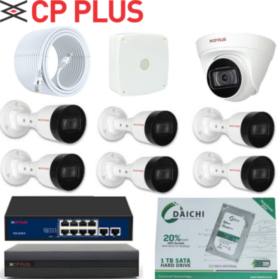 CP PLUS 2MP IP CCTV Camera Combo – 6 Bullet + 1 Dome, 8CH NVR, PoE Switch & 1TB HDD