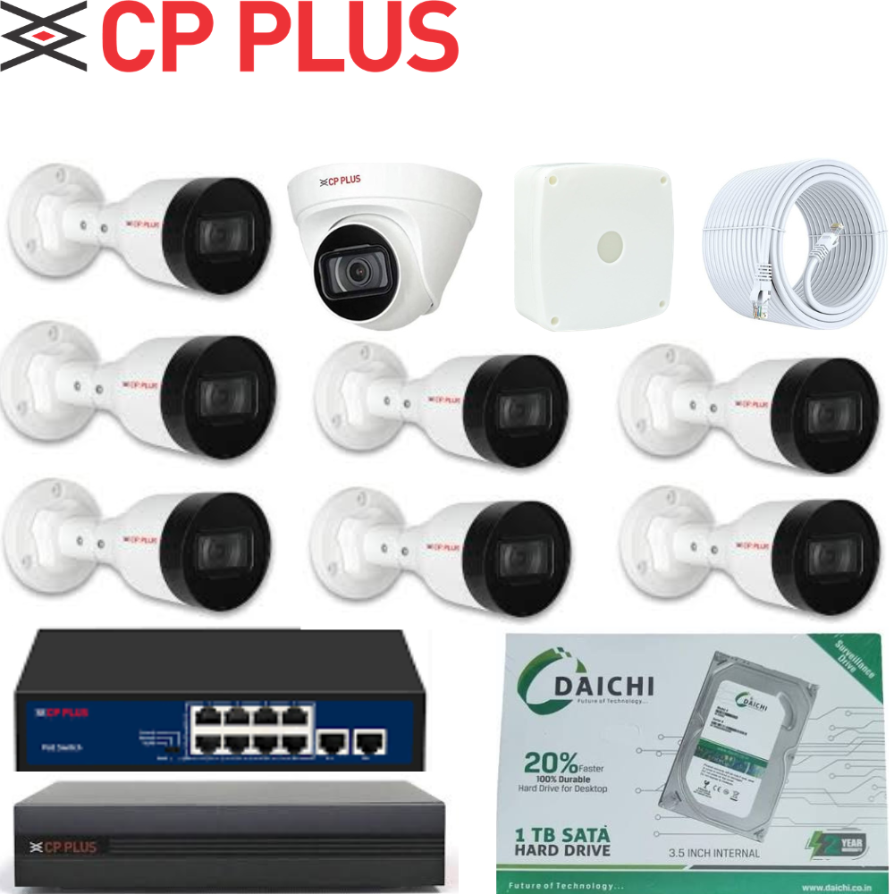 CP PLUS 2MP IP CCTV Camera Combo – 7 Bullet + 1 Dome, 8CH NVR, PoE Switch & 1TB HDD
