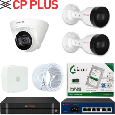 CP PLUS 2MP IP CCTV Camera Combo – 2 Bullet + 1 Dome, 4CH NVR, PoE Switch & 500GB HDD