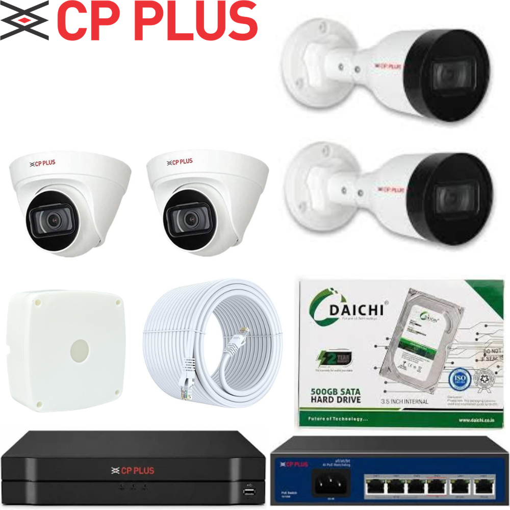CP PLUS 2MP IP CCTV Camera Combo – 2 Bullet + 2 Dome, 4CH NVR, PoE Switch & 500GB HDD