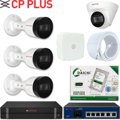 CP PLUS 2MP IP CCTV Camera Combo – 3 Bullet + 1 Dome, 4CH NVR, PoE Switch & 500GB HDD