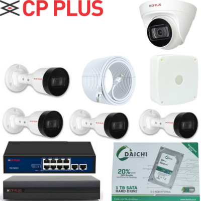 CP PLUS 2MP IP CCTV Camera Combo – 4 Bullet + 1 Dome, 8CH NVR, PoE Switch & 1TB HDD